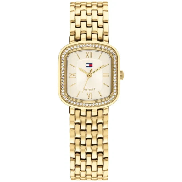 Tommy Hilfiger Damenarmbanduhr mit goldfarbenem Edelstahlband, Quarz, Ziffernring mit Strass