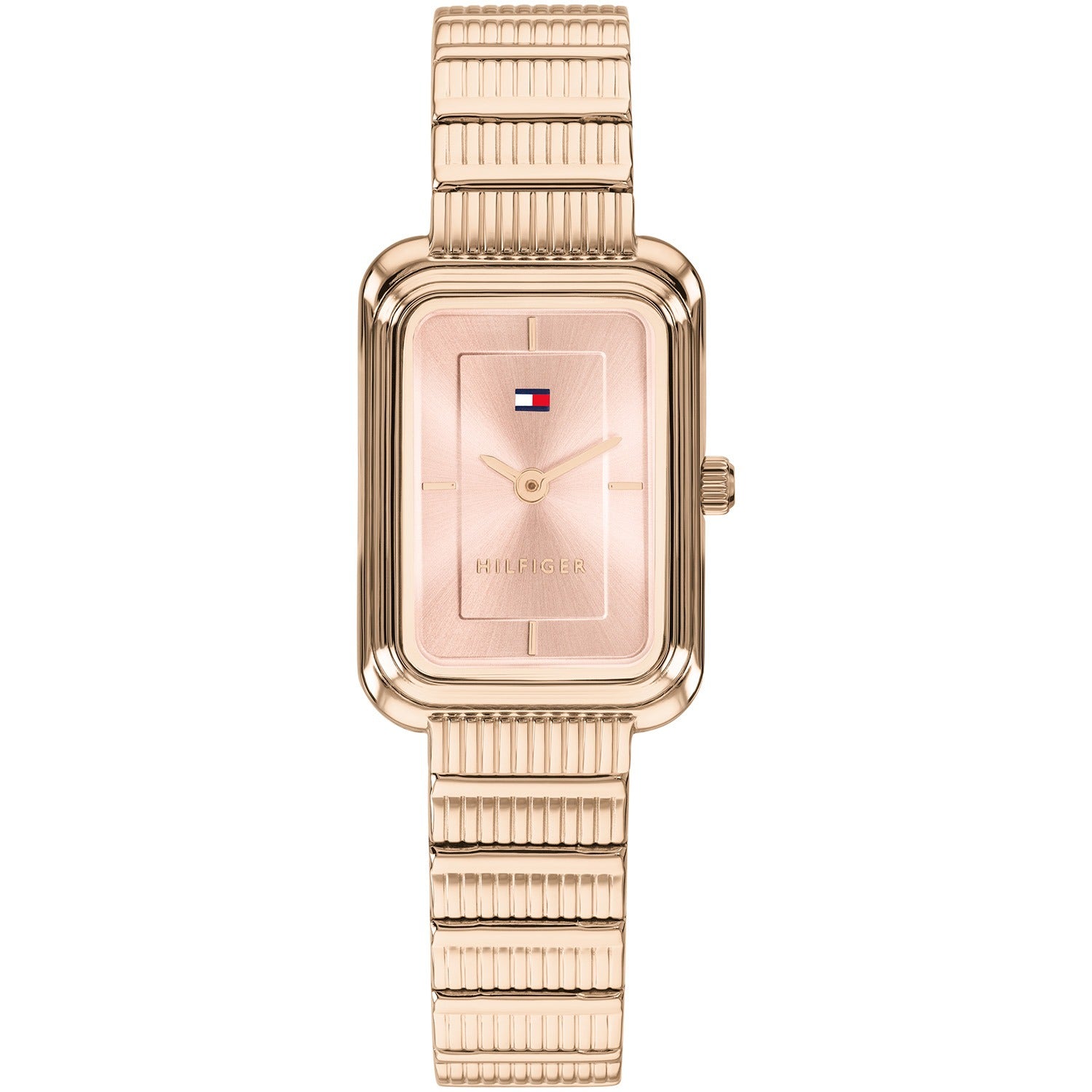 Tommy Hilfiger Damenarmbanduhr mit rechteckigem roségoldfarbenem Gehäuse und Metallarmband