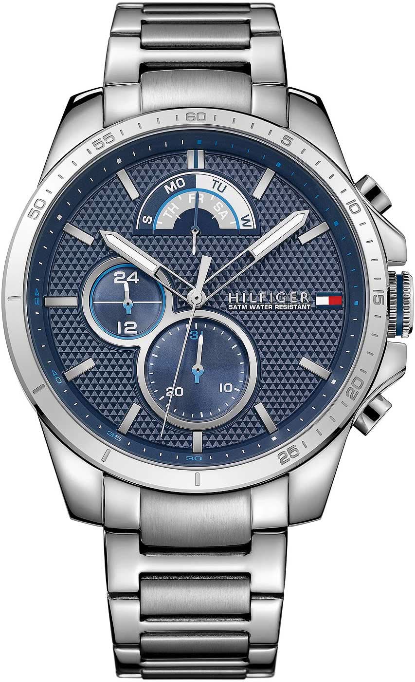 Bracelet de montre pour homme en acier inoxydable, cadran bleu et sous-cadrans chronographes