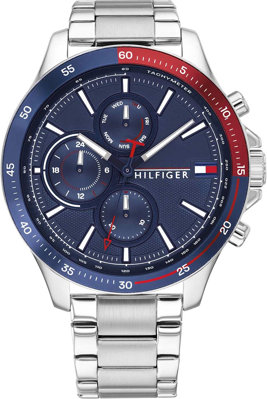 Montre pour homme avec bracelet en métal argenté, cadran bleu et détails rouges