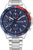 Montre pour homme avec bracelet en métal argenté, cadran bleu et détails rouges