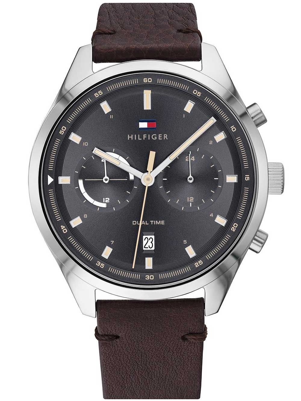 Tommy Hilfiger Herrenarmbanduhr mit dunkelbraunem Lederarmband und schwarzem Zifferblatt