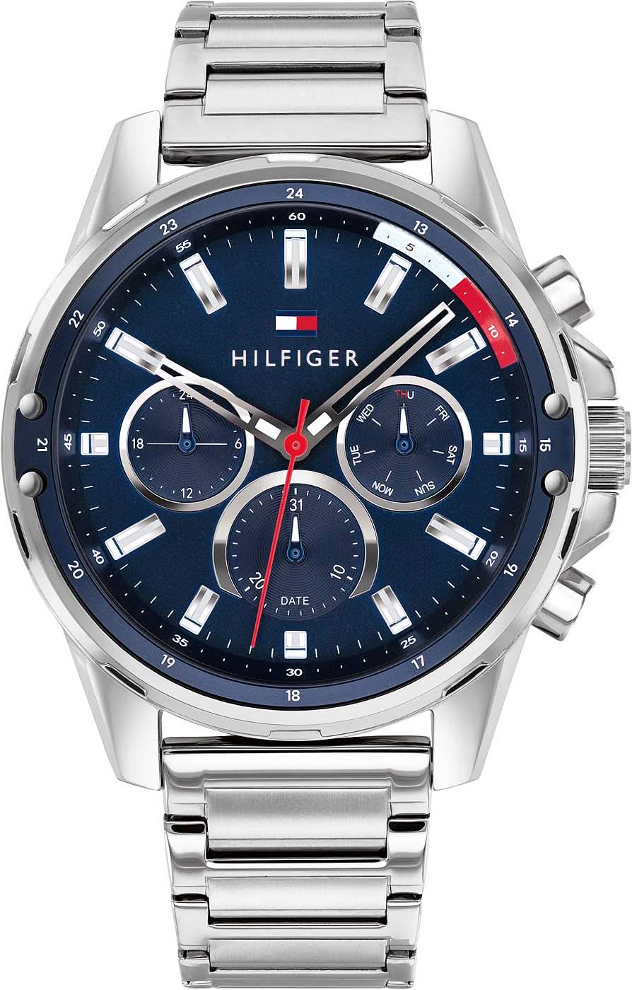 Montre Tommy Hilfiger pour homme avec bracelet en acier inoxydable argenté, cadran bleu et design chronographe