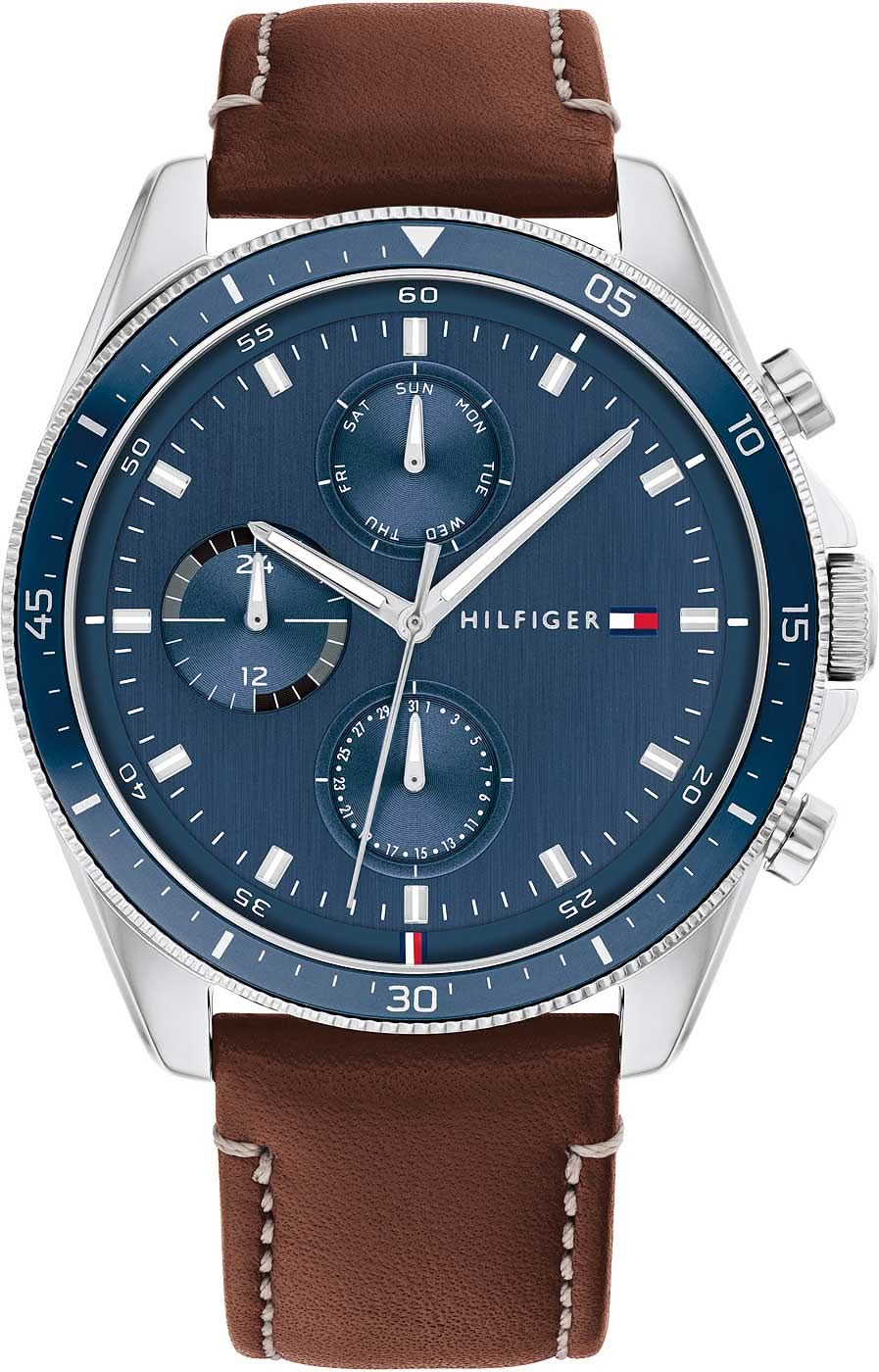 Bracelet Tommy Hilfiger pour homme : cadran bleu, boîtier argenté, bracelet en cuir marron