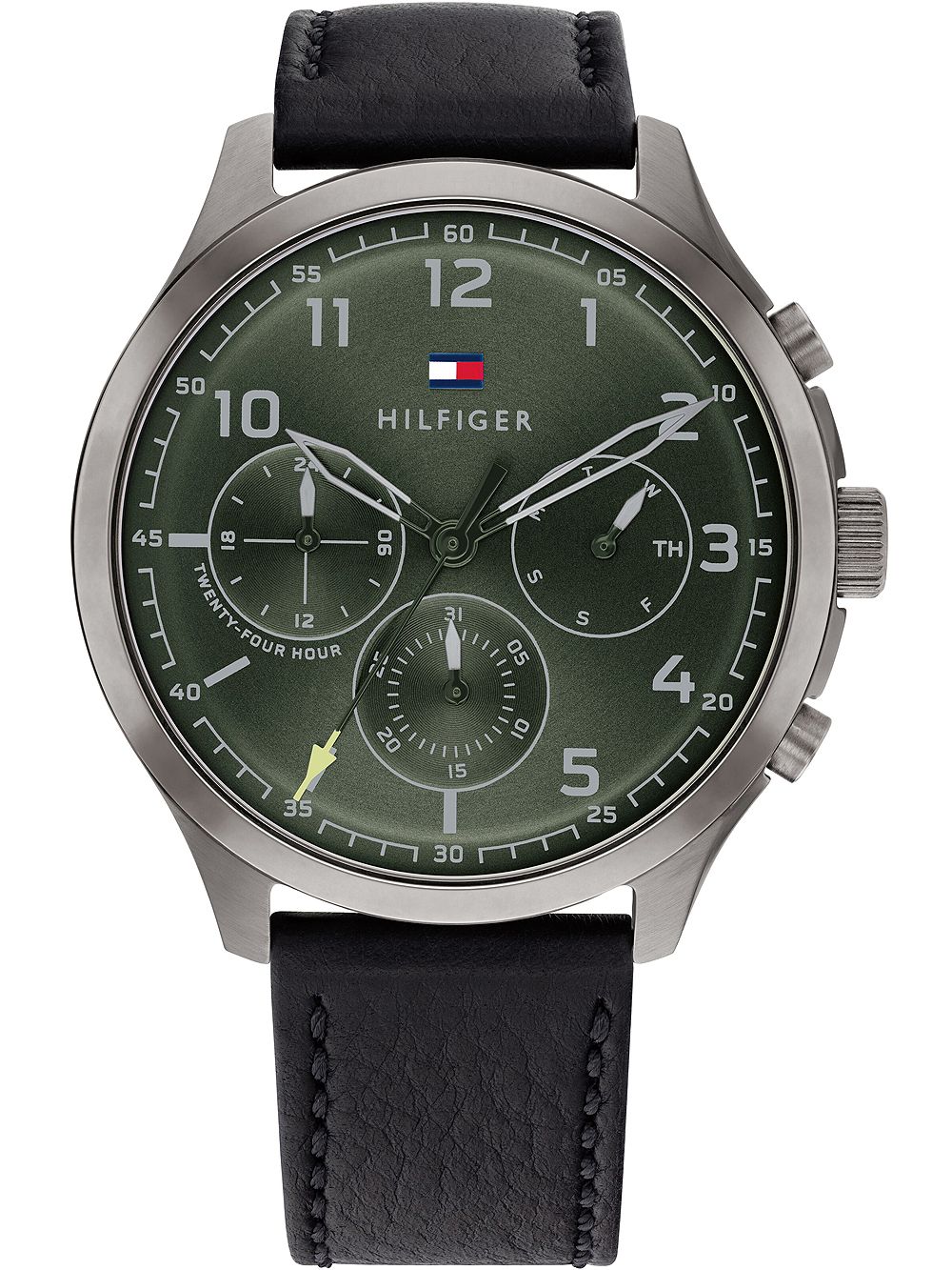 Tommy Hilfiger Herrenarmbanduhr mit schwarzem Lederband und grünem Zifferblatt