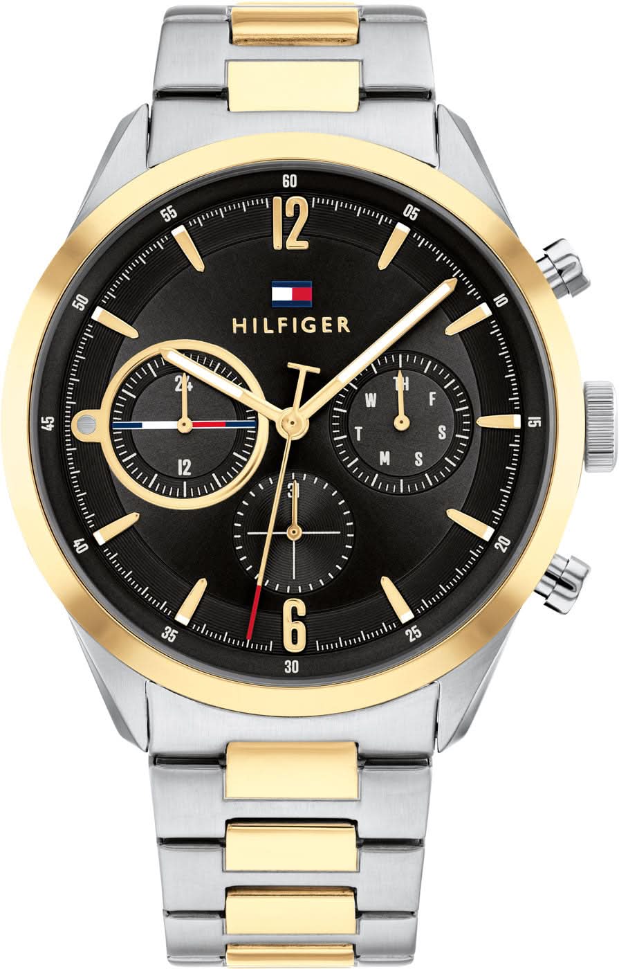 Montre pour homme : cadran noir, lunette dorée, bracelet en métal argenté
