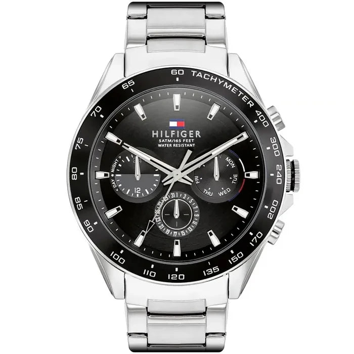 Tommy Hilfiger Herrenarmbanduhr mit schwarzem Zifferblatt, Chronograph und Metallband