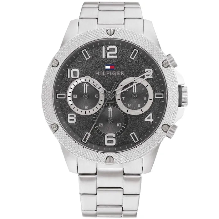 Tommy Hilfiger Blaze Herrenuhr mit silbernem Edelstahlband, schwarzem Chronograph-Zifferblatt