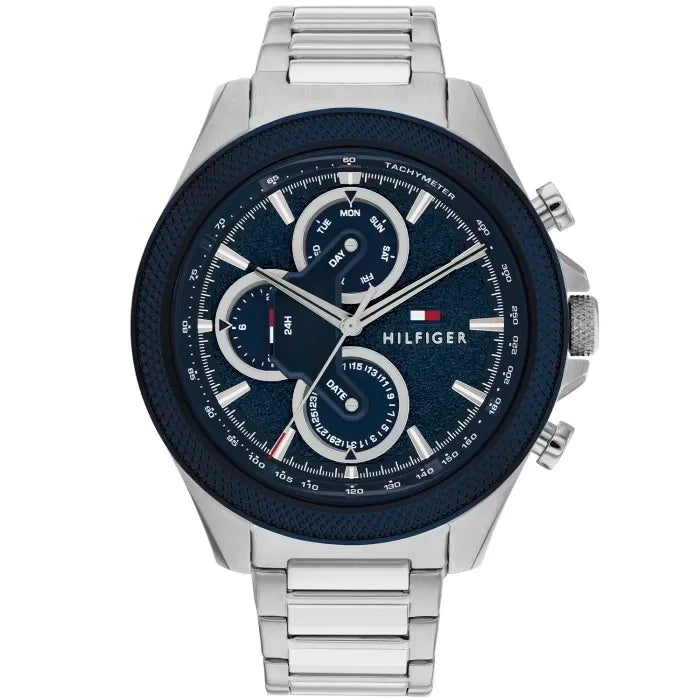 Tommy Hilfiger Clark Herrenuhr: Stahlband, blaues Zifferblatt, Chronograph-Subdials