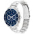 Runde Herrenarmbanduhr mit blauem Zifferblatt und Chrono-Optik, Edelstahlarmband.