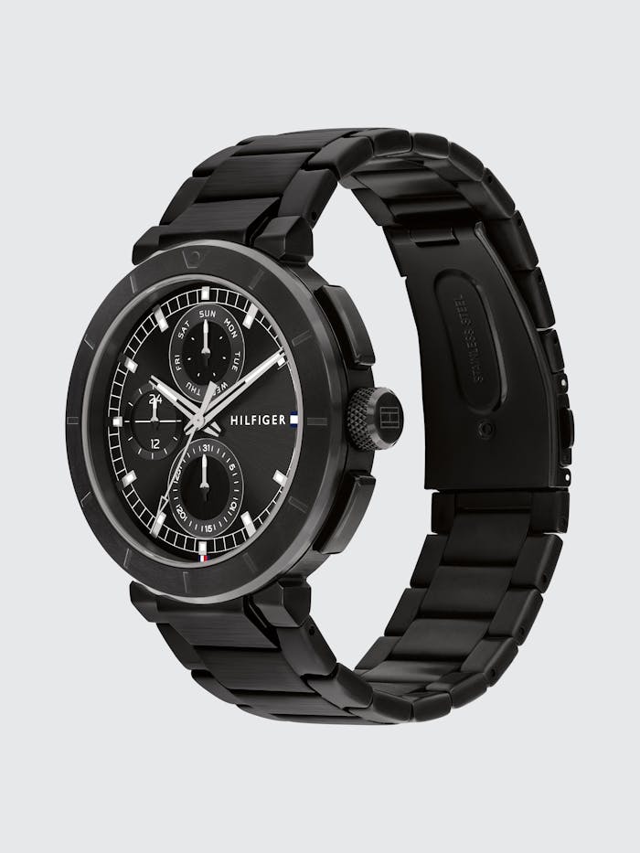 Tommy Hilfiger Herrenuhr mit schwarzem Edelstahlarmband und schwarzem Chronographen-Zifferblatt