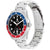 Damenarmbanduhr seitlich: schwarzes Zifferblatt, Edelstahlgehäuse, blau-rote GMT-Lünette