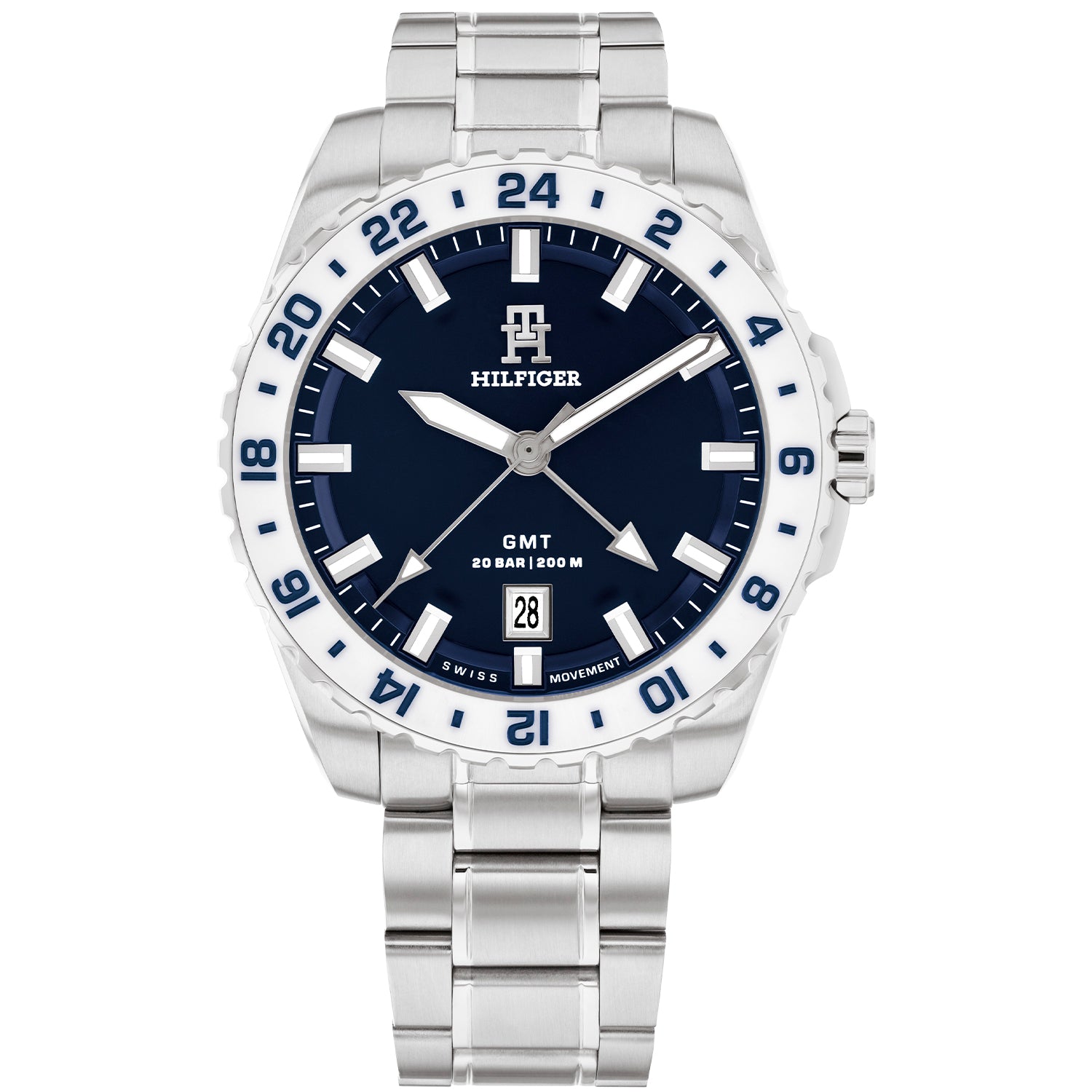 Damenarmbanduhr mit blauem Zifferblatt, GMT-Anzeige und Metallband in Silber