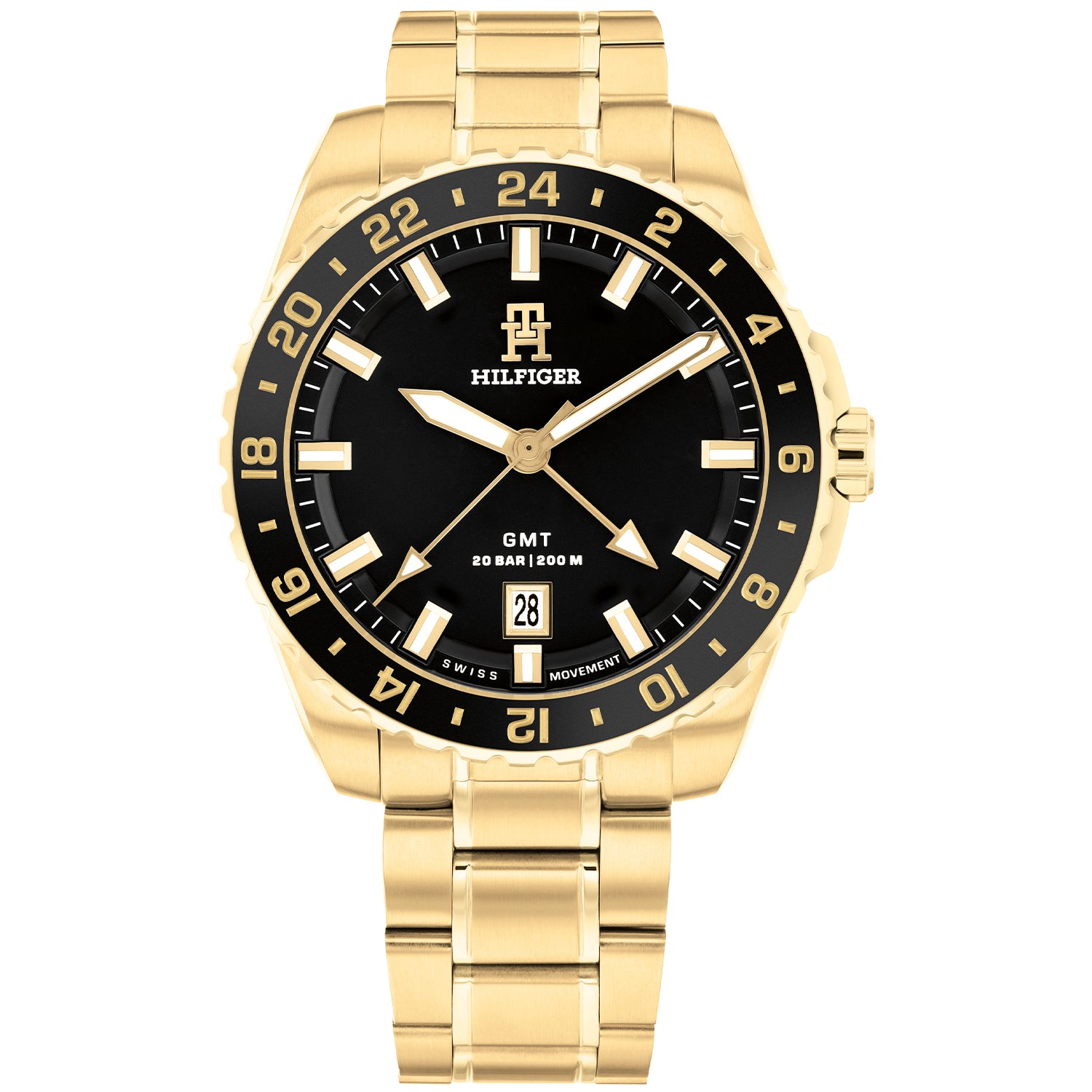 Tommy Hilfiger Quarzuhr mit goldfarbenem Gehäuse, schwarzem Zifferblatt, GMT, Datumsfenster