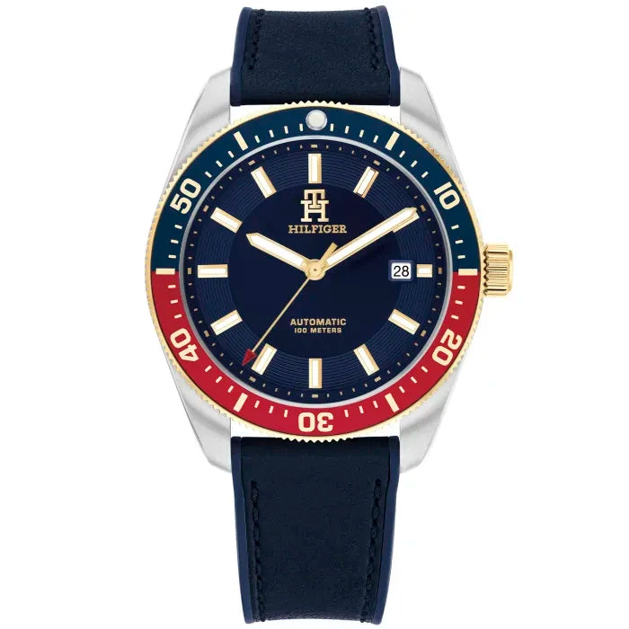 Tommy Hilfiger Herrenarmbanduhr mit blauem Zifferblatt, Lederband und goldfarbenen Akzenten