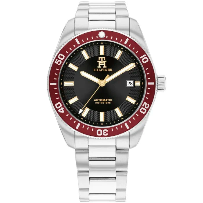 Tommy Hilfiger Herrenuhr TH85, silbernes Metallarmband, schwarzes Zifferblatt, rote Lünette