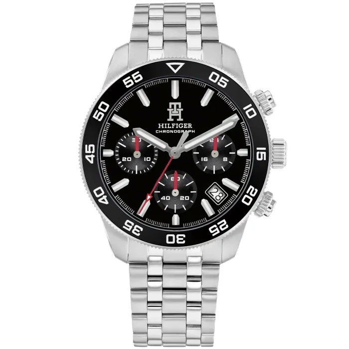Tommy Hilfiger Herren-Chronograph: schwarzes Zifferblatt, Stahlband, rote Akzente