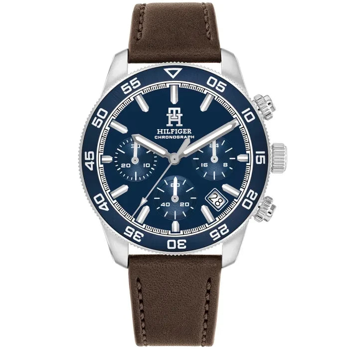 Tommy Hilfiger Herrenarmbanduhr TH85 mit dunkelblauem Zifferblatt, braunem Lederband und Chronograph.