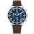 Tommy Hilfiger Herrenarmbanduhr TH85 mit dunkelblauem Zifferblatt, braunem Lederband und Chronograph.