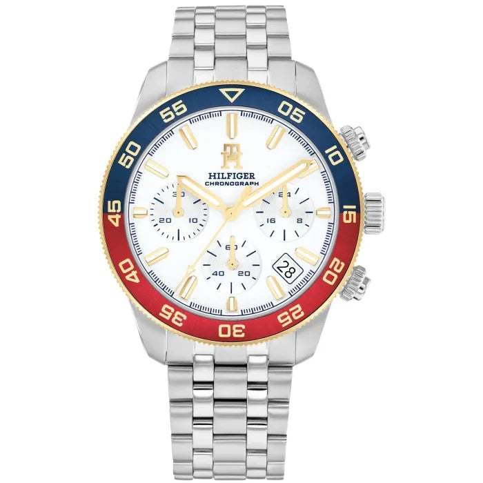 Herren-Chronographenarmbanduhr, silberfarbenes Metallband, blau-weißes Zifferblatt, Stoppuhr