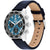 Chronograph-Uhr mit blauem Zifferblatt, silbernem Gehäuse und blauem Lederarmband