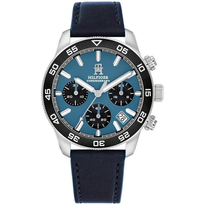 Herren-Chronographenarmbanduhr mit blauem Lederarmband, silbernem Gehäuse und blauem Zifferblatt