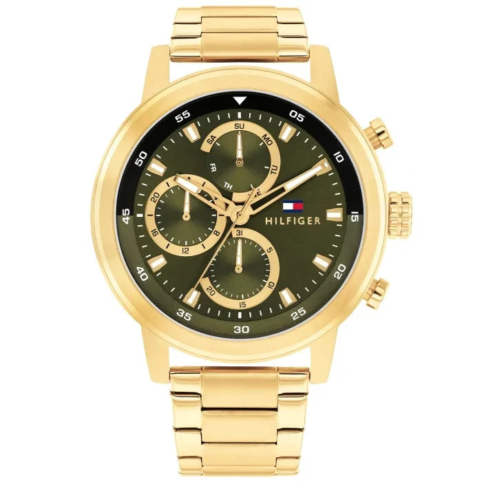 Tommy Hilfiger Herrenarmbanduhr Rocky mit Quarzwerk, goldfarbenes Edelstahlband, schwarzes Zifferblatt