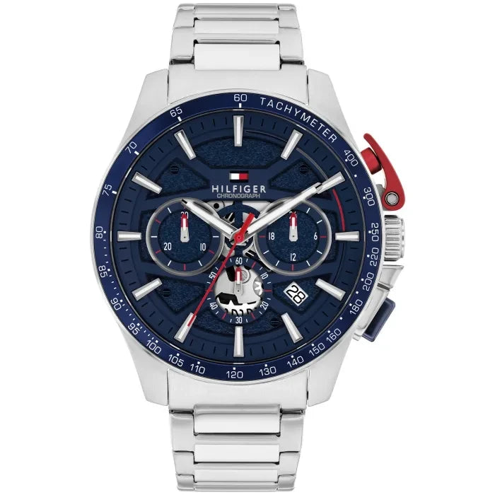 Tommy Hilfiger Quarzarmbanduhr mit blauem Zifferblatt, Chronograph und Edelstahlband