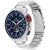 Quarzarmbanduhr, silbernes Metallarmband, blaues Chronographenzifferblatt mit Tachymeter