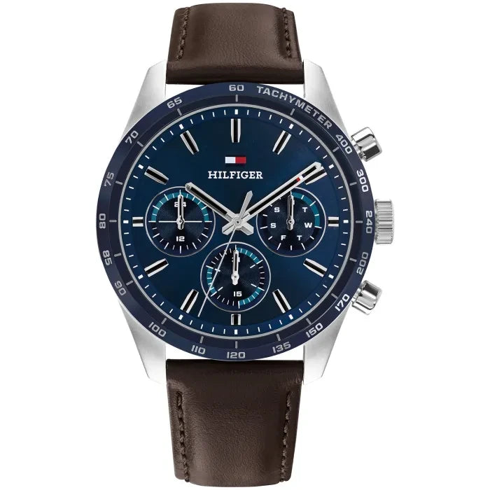 Herren-Armbanduhr mit blauem Zifferblatt, braunem Lederarmband und Tachymeterring