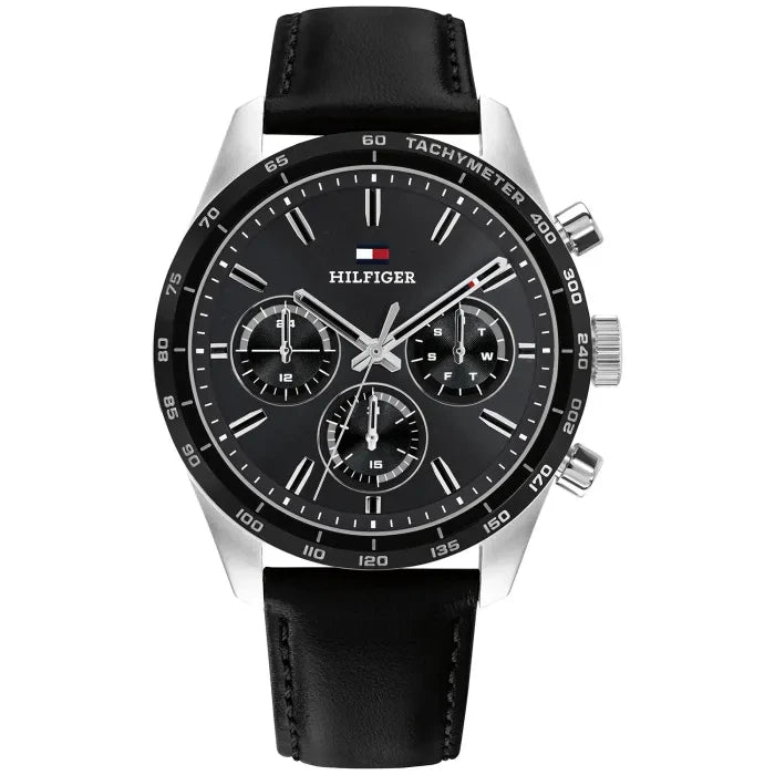 HILFIGER Quarzarmanduhr mit schwarzem Zifferblatt, Chronograph-Details und schwarzem Lederarmband