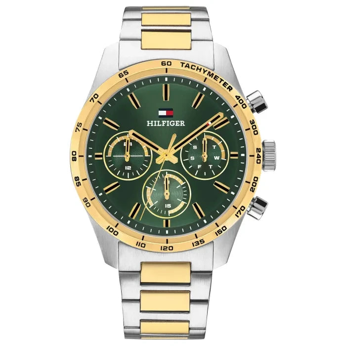 Armbanduhr mit grünem Zifferblatt, silbernem Metallband und goldenen Akzenten, Chronograph