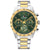 Armbanduhr mit grünem Zifferblatt, silbernem Metallband und goldenen Akzenten, Chronograph