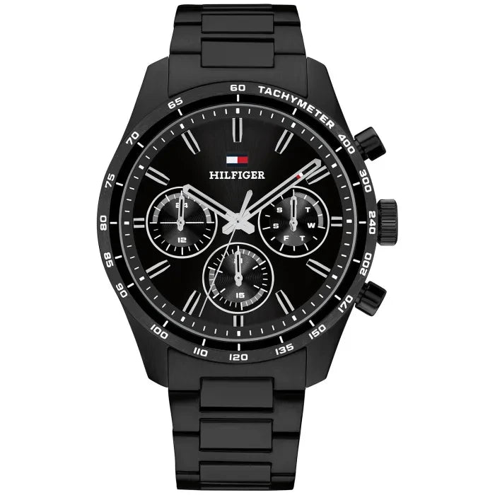 Tommy Hilfiger Herrenarmbanduhr, schwarzes Quarz-Chronograph-Design mit Tachymeter-Lünette