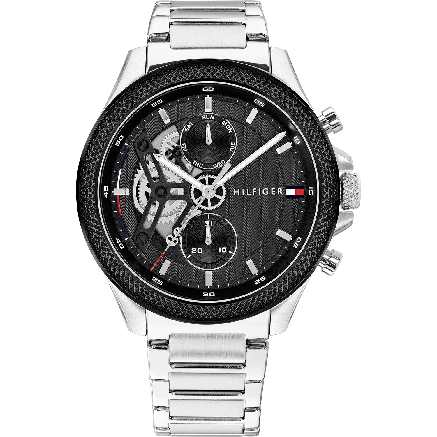 Tommy Hilfiger Herrenarmbanduhr mit schwarzem Zifferblatt und Edelstahlarmband