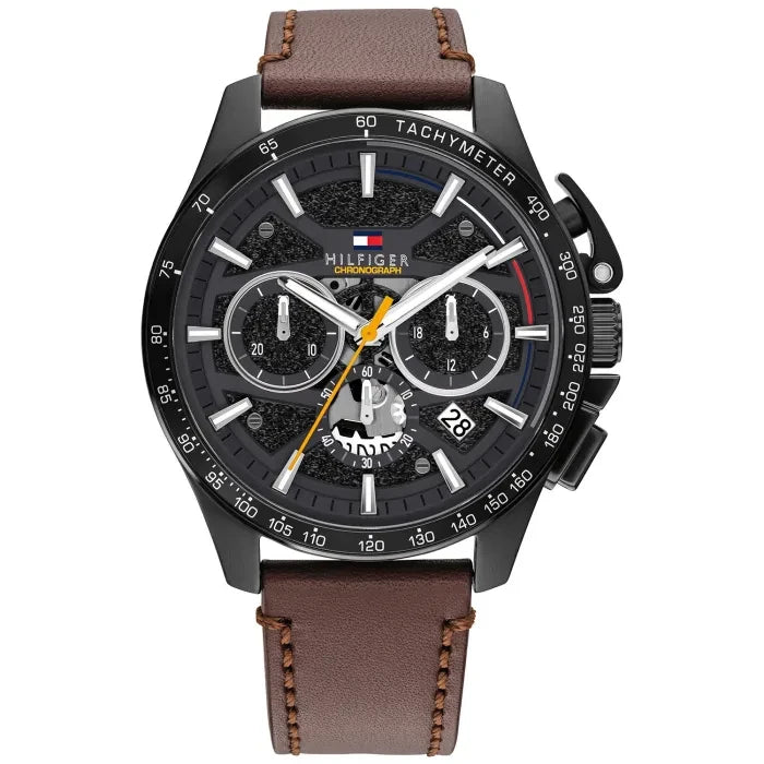 Herren-Armbanduhr mit schwarzem Chronograph-Zifferblatt, Tachymeter, braunem Lederband