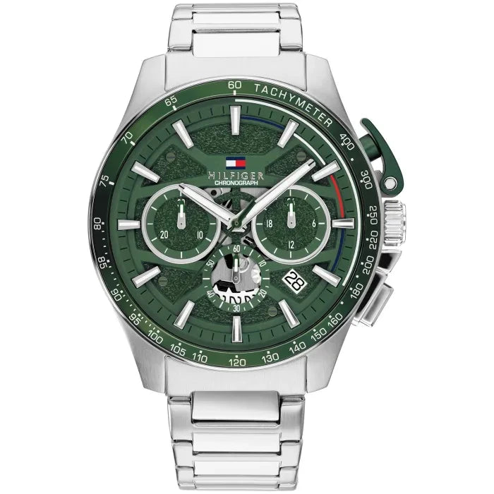 Herrenarmbanduhr mit grünem Zifferblatt, Edelstahlgehäuse und -armband, Chronograph