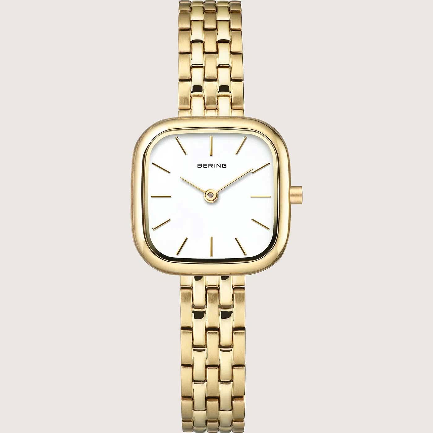 Montre pour femme avec bracelet en acier inoxydable doré et cadran blanc, boîtier carré