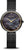 Montre pour femme avec cadran rond foncé, aiguilles dorées et bracelet milanais