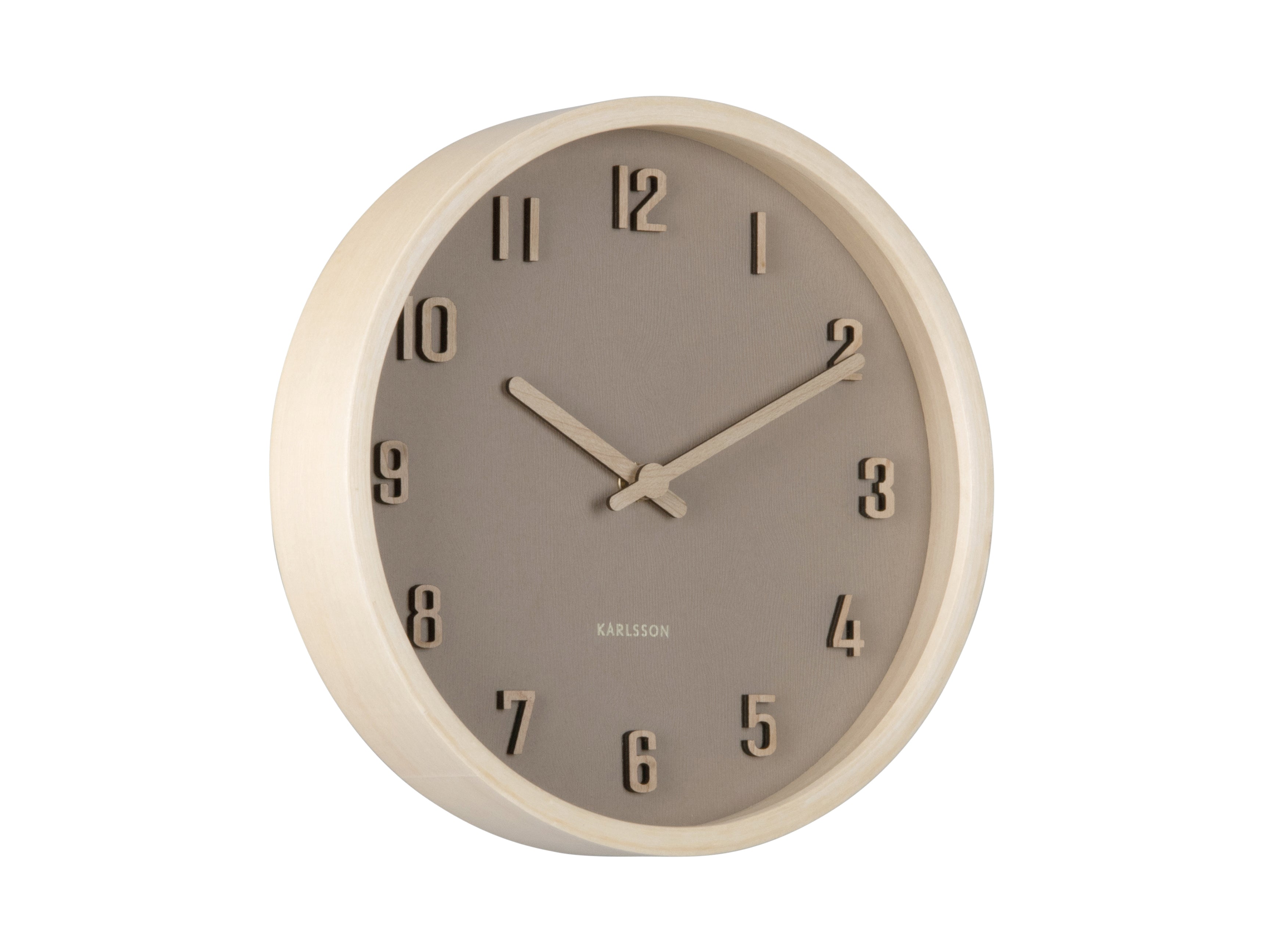 Petite horloge murale avec cadre en bois marron clair et cadran marron