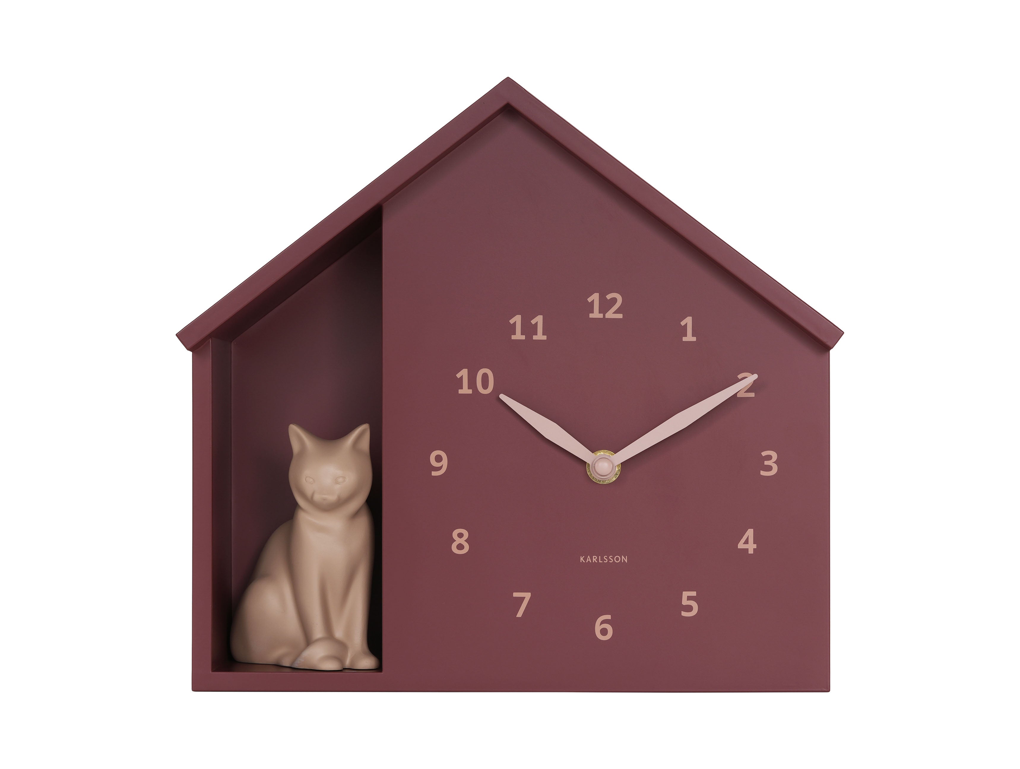 Horloge murale en forme de maison avec chat assis, cadran bordeaux et aiguilles