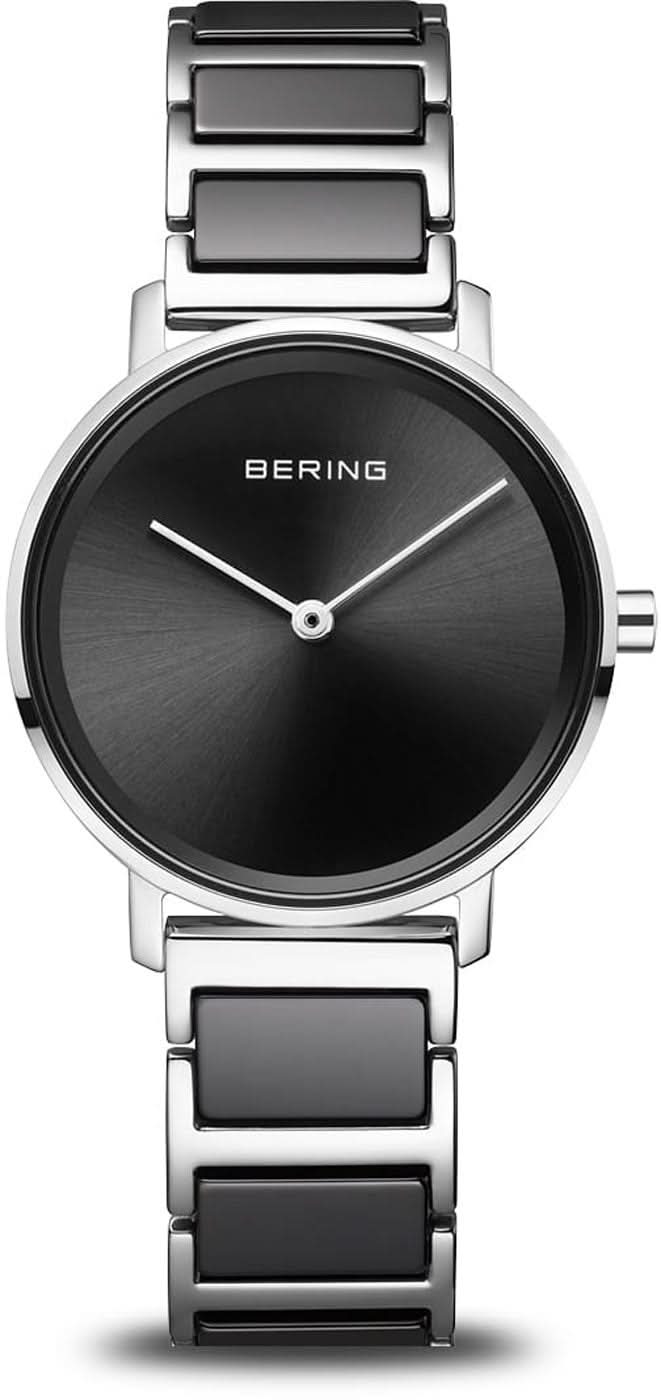 Montre pour femme avec cadran noir et bracelet à maillons argentés avec rectangles foncés