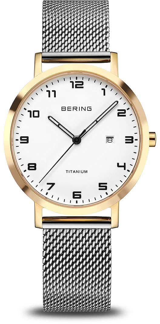BERING Montre femme avec bracelet en métal argenté, boîtier doré et cadran blanc