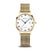 Damenuhr mit goldfarbenem Gehäuse, weißem Zifferblatt und goldfarbenem Metallarmband