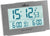 Radio-réveil numérique avec écran LCD bleu, boîtier gris et affichage de l'alarme