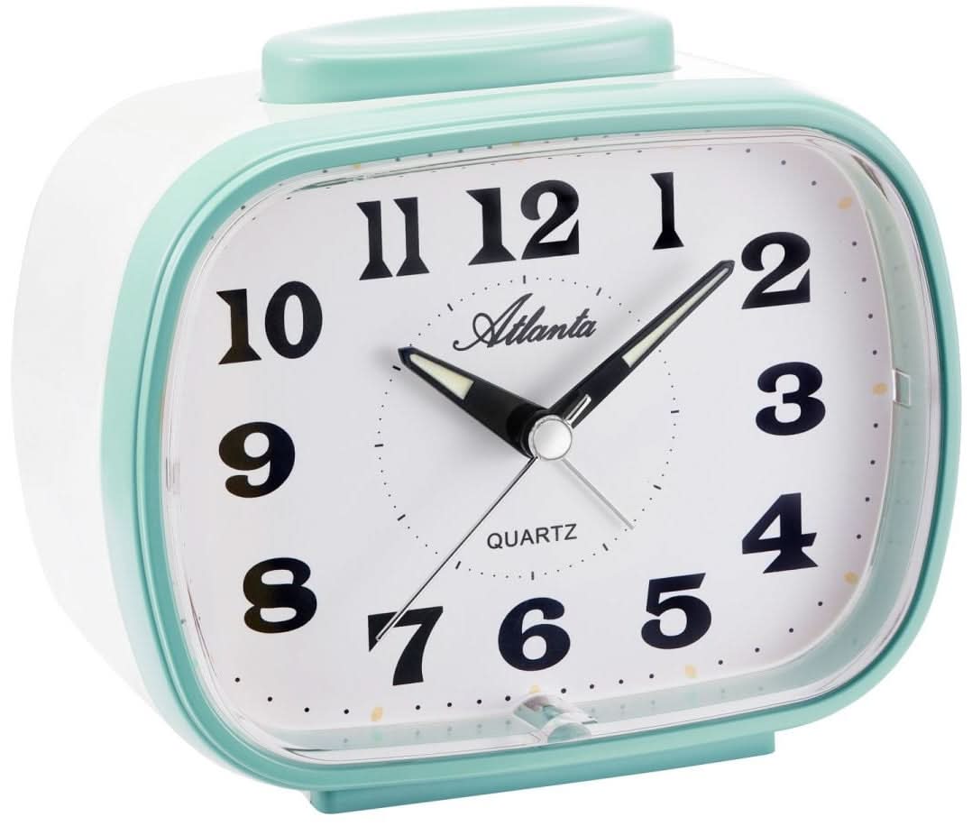 Réveil analogique Atlanta avec affichage quartz, boîtier en plastique couleur menthe et cadran.