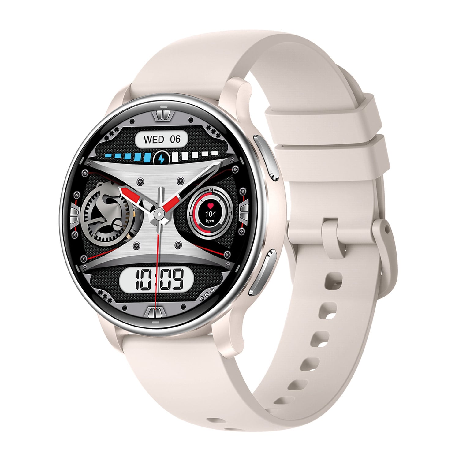 Aktivitätstracker mit rundem Display, champagnerfarbener Lünette und weißem Silikonarmband
