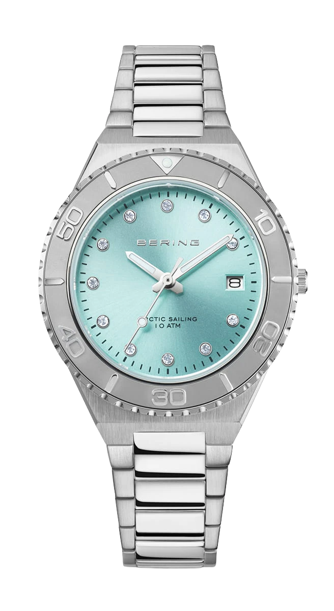 Montre Bering pour femme avec cadran bleu clair et bracelet à maillons en acier inoxydable