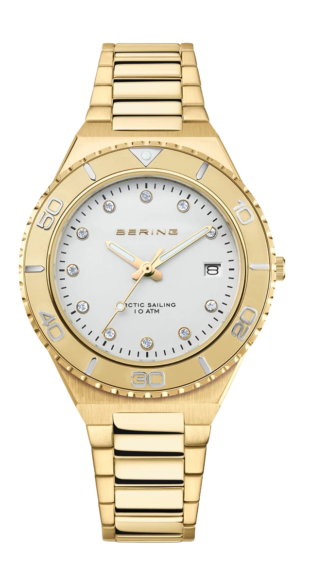 Montre pour femme dorée avec cadran blanc, aiguilles et bracelet milanais