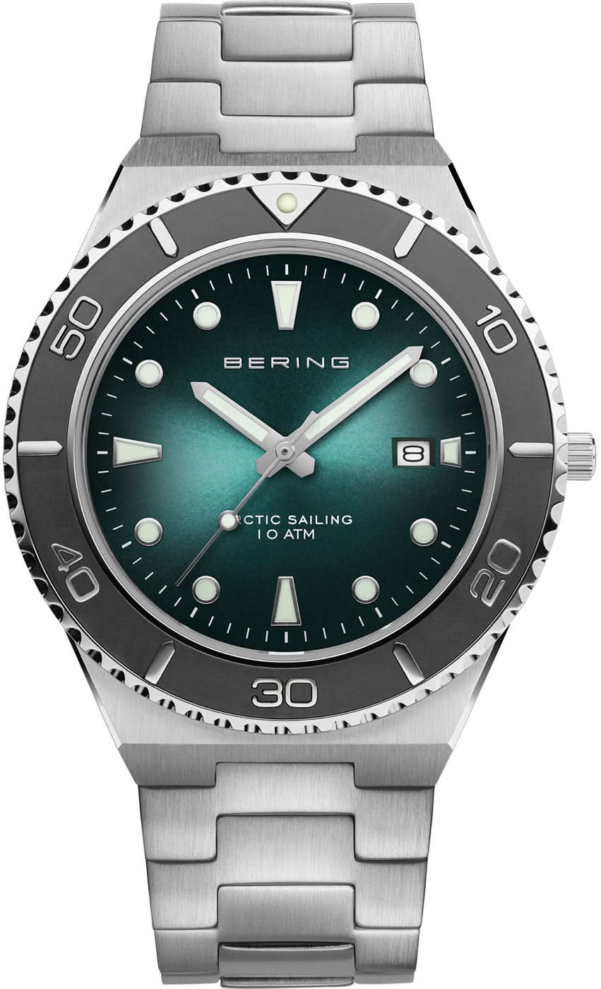 Bracelet de montre pour homme avec cadran vert et bracelet en métal argenté, lunette ronde